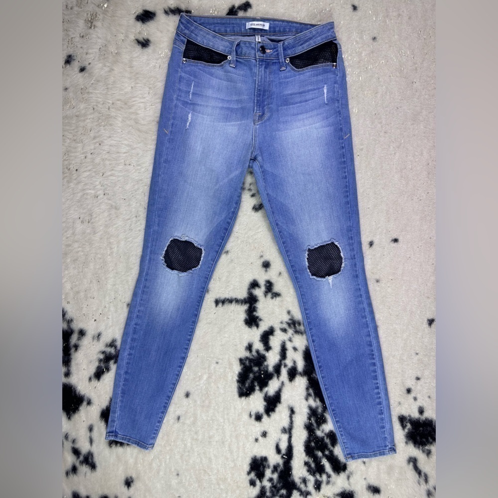 Good American Women’s Light Wash Black Mesh Patch Denim Jeans Size 27”